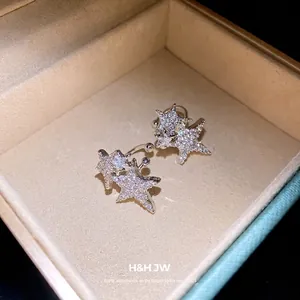 Elegant zircon star ear cuffs for non-pierced ears, sparkling silver fashion jewelry