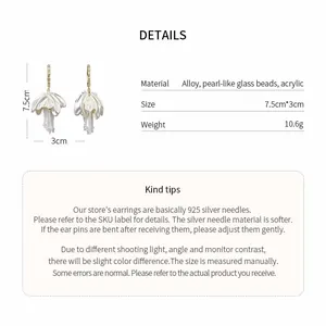 Detailed product specifications for elegant white floral tassel earrings with pearl beads