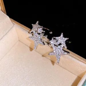 Elegant silver zircon star ear clips with sparkling stones for non-pierced ears