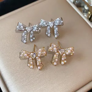 Korean Style 18K Gold Plated Bow Stud Earrings For Women With Artificial Pearl And Zirconia Exquisite Butterfly Knot Heart Earrings