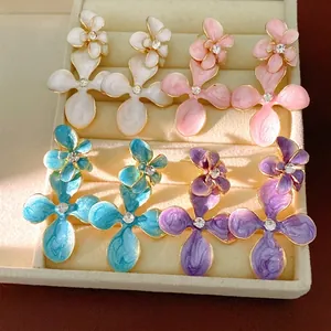 Alloy Drip Enamel Flower Stud Earrings With Silver Earring Post Rhinestone Floral Drop Earrings For Women Fashion Jewelry