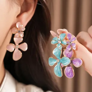 Sweet colorful dopamine floral drip oil earrings with rhinestones for elegant women