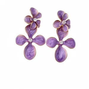 Elegant purple enamel flower earrings with sparkling rhinestones for a sweet aesthetic