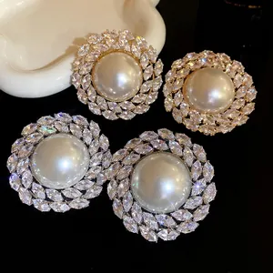 Vintage Luxury Round Artificial Pearl Stud Earrings With Zirconia Flower Design 925 Sterling Silver Earring Post For Women