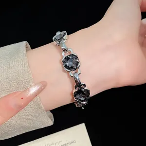 Elegant vintage rhombus adjustable bracelet with faceted black zircon stones for women