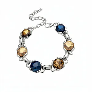 Vintage silver bracelet with multi-color rhombus cut zircons and adjustable chain