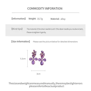 Detailed dimensions and product information for purple flower drop earrings