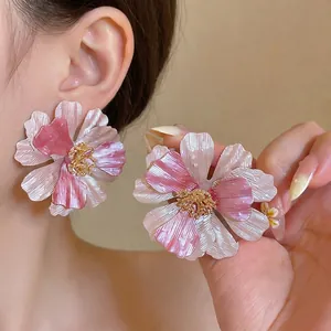 Orecchini a Bottone a Forma di Fiore Verniciato in Lega Esagerata Con Perno in Argento Sterling 925 Orecchini Floreali Rosa Oro per Gioielli di Moda da Donna