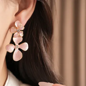 Elegant pink enamel flower drop earrings with rhinestones and sweet aesthetic style