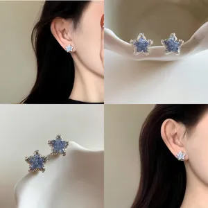 Summer Starry Sea Shiny Blue Rhinestone Star Stud Earrings For Women Silver Plated Alloy Elegant Fashion Jewelry Gift