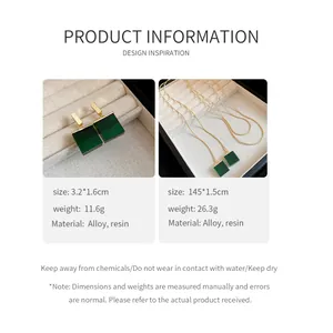 Detailed product specifications for vintage green resin square earring and necklace set.