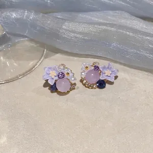 Elegant forest style purple floral stud earrings with crystals and faux pearls