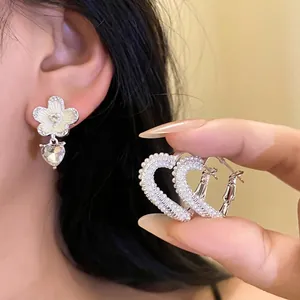 Elegant Alloy Artificial Pearl Heart Earrings With Silver Earring Post For Women Asymmetric Flower Rhinestone Niche Jewelry