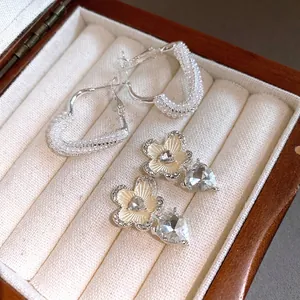 Elegant S925 silver needle pearl heart hoop earrings and floral crystal studs jewelry set