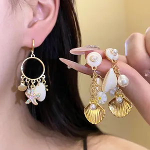 Pendientes Colgantes de Aleación con Perla Artificial Concha Estrella de Mar y Flor Con Poste de Plata de Ley 925 Joyería de Moda para Mujer