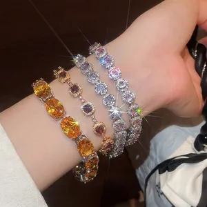 18K Gold Plated Zirconia Bracelet Luxury Elegant Copper Tennis Bracelet Fashion Geometric Hand Chain For Women Jewelry
