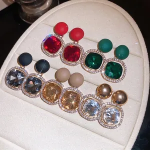 Luxury Alloy Rhinestone Geometric Stud Earrings For Women Vintage Gold Plated Round Square Colorful Crystal Inlaid Earrings Jewelry Gift