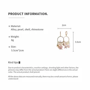 Especificaciones de producto para pendientes de perlas, conchas y estrellas de mar con medidas