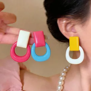 Geometric Hollow Resin Stud Earrings With 925 Sterling Silver Post Dopamine Contrast Color Fashion Ear Jewelry For Women