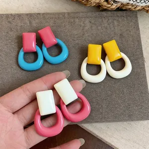 Vibrant resin square hollow geometric drop earrings in minimalist colorful dopamine style