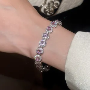 Luxury 18k gold plated tennis bracelet featuring pink round cubic zirconia halo design