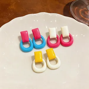 Dopamine style colorful resin earrings with geometric square and hollow round design