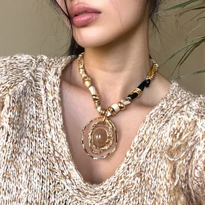 Bohemian Alloy Resin Round Pendant Necklace Vintage Ethnic Printed Satin Chain Choker For Women Fashion Jewelry
