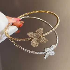Elegant Copper Rhinestone Flower Choker Necklace For Women Fine Design Fashion Jewelry Neck Accessory Gift