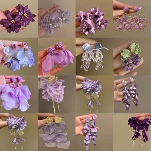 Orecchini a Bottone a Fiore Cavo in Rafia Vintage Serie Viola Nappa Gioielli in Lega Con Perno in Argento per Donna