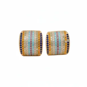 Retro gold-plated square stud earrings with multi-colored zircon stones