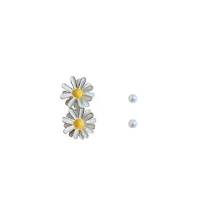 Exquisite enamel daisy flower and minimalist pearl stud earring set for women's jewelry