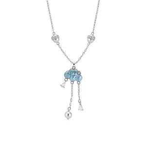 Elegant silver necklace featuring blue cloud pendant with zircon droplets and pearl