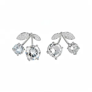 Elegant silver-toned cherry stud earrings featuring brilliant clear cubic zirconia stones