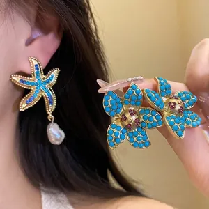 French Resort Style Starfish Rhinestone Stud Earrings With Artificial Pearl Pendant And Silver Earring Post For Women Elegant Jewelry Gift