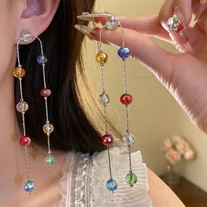 Elegant multi-layered colorful faceted glass bead long drop earrings with silver chains