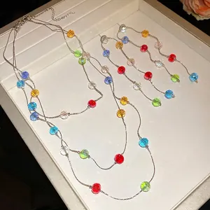Sparkling three-layer colorful glass bead necklace and earring jewelry set for women