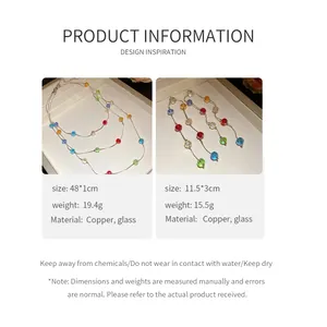 Detailed specs of multi-colored glass bead necklace and earring set with size info.