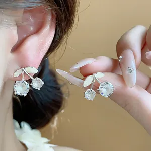 Exquisite sparkling cubic zirconia cherry stud earrings with silver needles for elegant women