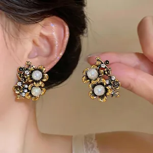 Orecchini a Bottone in Lega a Forma di Fiore Stile Palazzo Vintage Con Perno in Argento Sterling 925 Strass Perla Artificiale Gioielli Donna