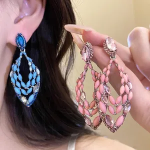 Bohemian Waterdrop Hollow Pendant Earrings Silver Earring Post Rhinestone Dripping Oil Retro Dangle Earrings Women Vacation Jewelry