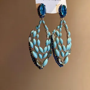 Bohemian style blue teardrop earrings with crystals and silver needle studs for vacation