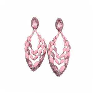 Elegant pink bohemian teardrop dangle earrings with rhinestone and enamel accents