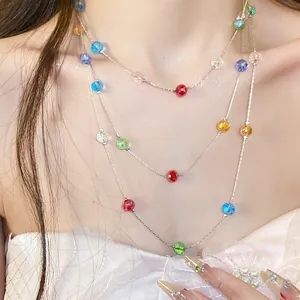 Close-up of a three-layer necklace with colorful faceted glass beads on a model's neck.