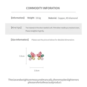 Detailed product specs of pink crystal flower earrings showing 3.5cm size and materials