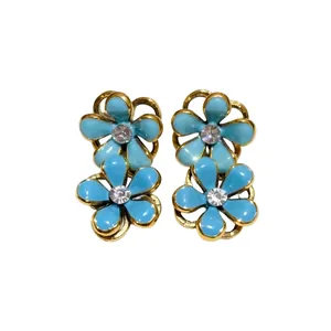 Elegant vintage style blue enamel flower drop earrings featuring sparkling rhinestones