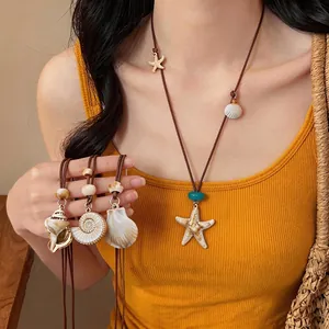 Bohemian Resort Starfish Shell Pendant Necklace Handmade Brown Wax Rope Ocean Style Women Summer Jewelry Sweater Chain Accessory