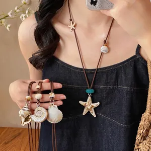 Bohemian starfish and seashell pendant necklace for summer vacation beach wear styling