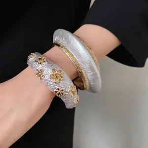 Stylish vintage silver and gold textured metal open bangle bracelet set for women fashion