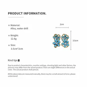 Detailed dimensions and specifications of blue enamel flower earrings with crystal center