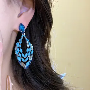 Boho blue marquise turquoise dangle earrings with sparkling blue crystal accents